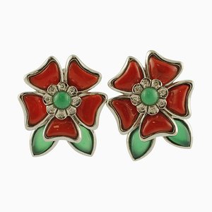 Orecchini in oro bianco 14K con diamanti agata verde e fiori di corallo rosso