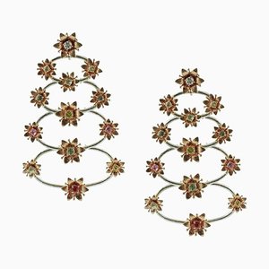 Boucles d'Oreilles Florales en Or Rose et Blanc avec Diamants et Saphirs