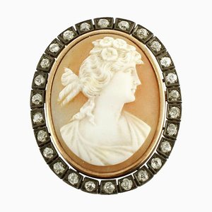 Rose Gold and Silver Brooch with Diamonds and Cameo