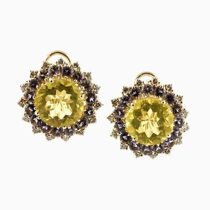 Stud Earrings in 14K Rose Gold with Diamonds Iolite and Citrine