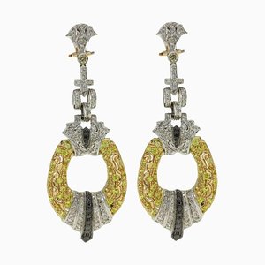 Black and White Diamond Chandelier Earrings in White and Yellow Gold with Sapphire