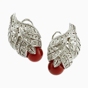Red Coral Spheres Clip-on Earrings with White Diamonds and Platinum
