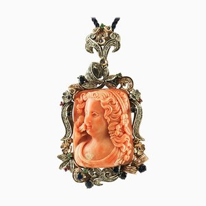 Engraved Orange Coral Pendant in Gold and Silver