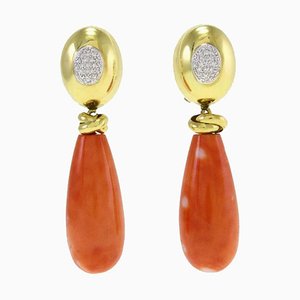 18K Yellow Gold Drop Earrings with Red Coral and White Diamonds