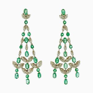 Chandelier Earrings in 14K White Gold with Diamonds and Emeralds