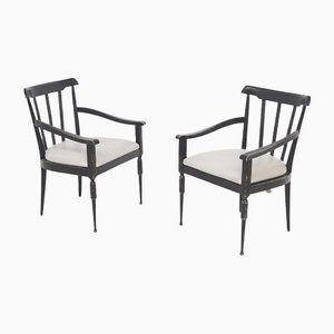 Italian Armchairs in Black Wood and White Leather, Set of 2