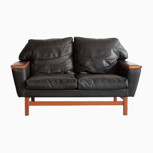 Compact Danish Sofa in Black Leather, Mid-20th Century