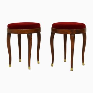Italian Walnut Briar and Velvet Stools in the Style of Gio Ponti, Set of 2