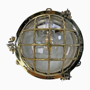 Cast Brass Circular Bulkhead Wall Light with Cage and Glass Shade by Daeyang, 1980s