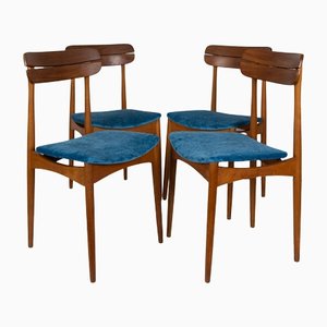 Scandinavian Teak and Velvet Chairs, 1950s, Set of 4
