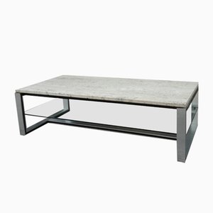 Rectangular Coffee Table in Travertine, Aluminum and Glass, France, 1970s
