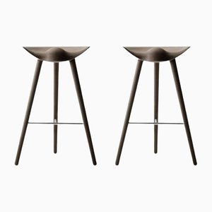 Brown Oak and Stainless Steel Bar Stools from by Lassen, Set of 2