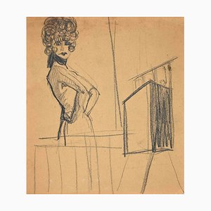 Figure féminine, dessin Original au crayon, milieu du 20e siècle