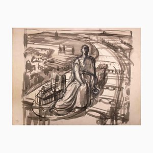 Cityscape with Statue, Original Drawing, Mid 20th-Century