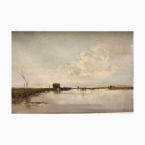 Carlo Follini, Landscape at the Po River Delta, 1890s, Oil on Canvas, Framed