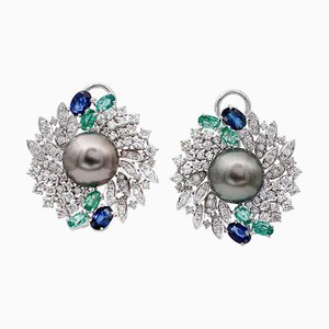 14 Kt White Gold Earrings With Grey Pearls, Emeralds, Sapphires & Diamonds, Set of 2
