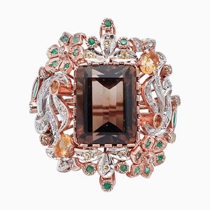 9 Kt Rose Gold and Silver Ring With Topaz Fumé, Emeralds, Yellow Topazs & Diamonds