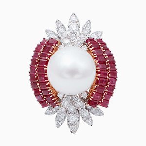 14 Karat White and Rose Gold Ring With South-Sea Pearl, Rubies & Diamonds