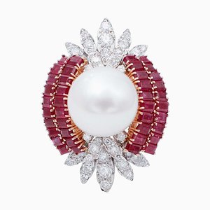 Bague en Or Blanc et Rose 14 Carats avec Perle des Mers du Sud, Rubis et Diamants