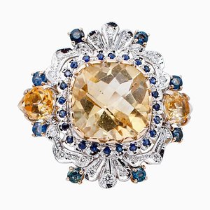 14 Karat Rose and White Gold Ring With Yellow Topazs, Sapphires & Diamonds