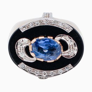 Ring aus 14 Karat Rosé- und Weißgold mit Saphir, Onyx & Diamanten
