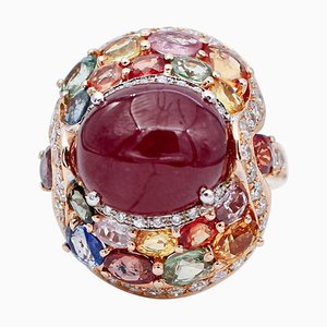 14 Karat Roségold Ring mit Rubin, Mehrfarbigen Saphiren & Diamanten