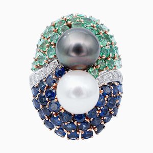 14 Karat White Gold Ring With White & Grey Pearl, Emeralds, Sapphires & Diamonds