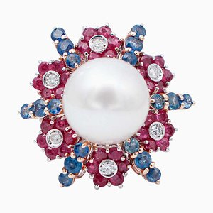 Anello in oro rosa e bianco a 14 carati con perla dei mari del sud, rubini, zaffiri e diamanti