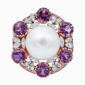 14kt White and Rose Gold Ring With South-Sea Pearl, Hydrothermal Amethysts & Diamonds