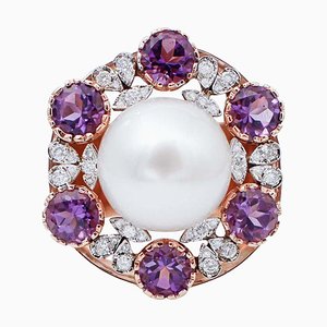 Bague en Or Blanc et Rose 14 Carats avec Perle des Mers du Sud, Améthystes Hydrothermales et Diamants