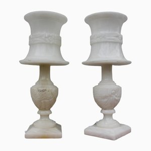 Milky Alabaster Table Lamps in Light White Marble Stone, Set of 2