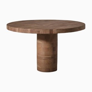 Round Oak Dining Table With Cylinder Base, 1970s