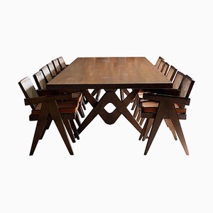 Chandigarh Dining Table & Chairs in Teak by Pierre Jeanneret, 1963-4, Set of 13