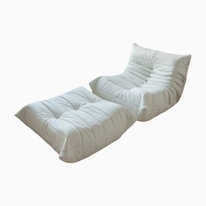 White Leather Togo Lounge Chair and Pouf by Michel Ducaroy for Ligne Roset, Set of 2