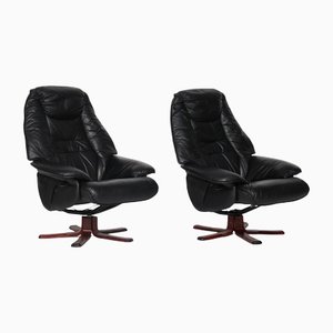 Danish Black Leather Recliner Swivel Chairs by Hjort Knudsen, Set of 2