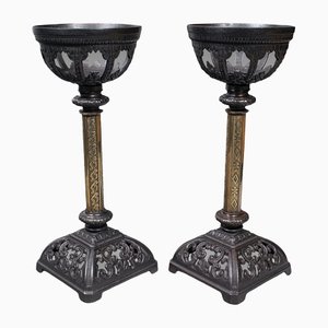Antique English Gothic Revival Iron & Brass Candleholders, Set of 2