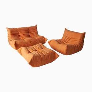 Set da salotto vintage arancione di Michel Ducaroy per Ligne Roset, anni '70, set di 3