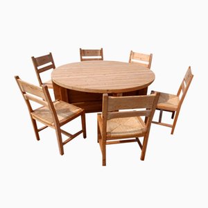 Danish Pitch Pine Chairs and Large Extendable Table by Tage Poulsen for GM Möbler, Set of 7
