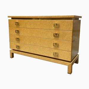 Chest of Drawers in Light Briar Wood with Brass Handles and Profiles, Italy, 1970s