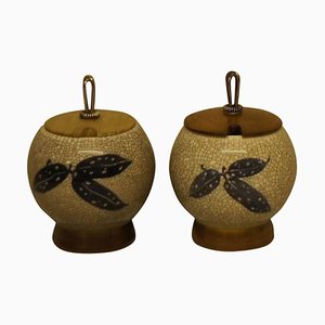 Vases Craquelés Art Déco avec Couvercles en Bois et Argent de Bing & Grondahl, Set de 2
