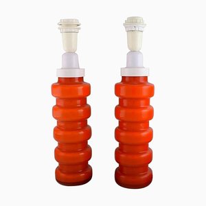 Orange Mouth-Blown Art Glass Table Lamps by Po Ström for Alsterfors, Set of 2