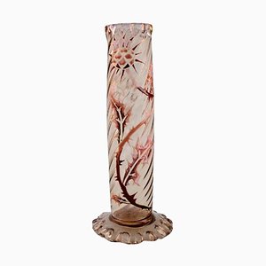 Clear Frosted Art Glass Vase with Thistle Pattern by Emile Gallé