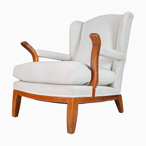 Large Wingback Chair in Walnut & Bouclé Fabric, France, 1930s