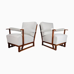 Art Deco Lounge Chairs in Oak & Bouclé Fabric, France, 1940s, Set of 2