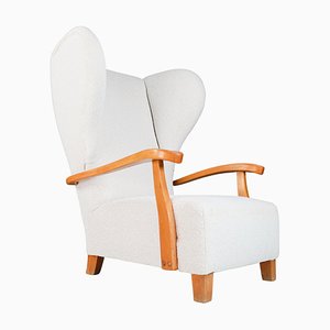 Large Wingback Armchair in Walnut & Bouclé Fabric, France, 1930s