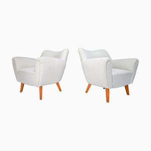 Mid-Century Modern French Oak & Reupholstered Bouclé Fabric Lounge Chairs, 1950s, Set of 2