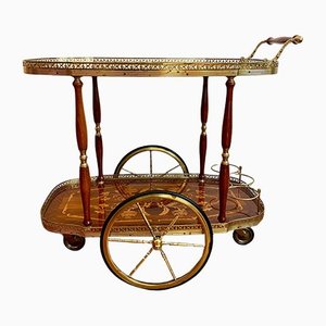 Golden Brass Tea Cart or Serving Trolley with Inlaid Pattern