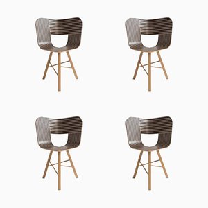 Elfenbeinfarbener und schwarzer Tria Holz Stuhl mit 3 Beinen und gestreiftem Sitz von Colé Italia, 4er Set
