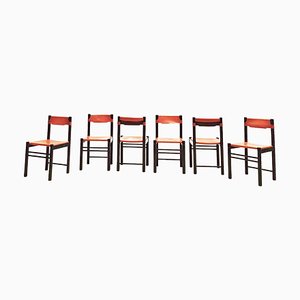 Mid-Century Ipso Facto Chairs in Leather and Wood by Ibisco Sedie, Set of 6
