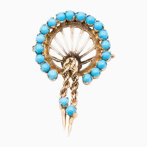 Broche Pendentif Vintage en Or 14K avec Turquoise, 1950s